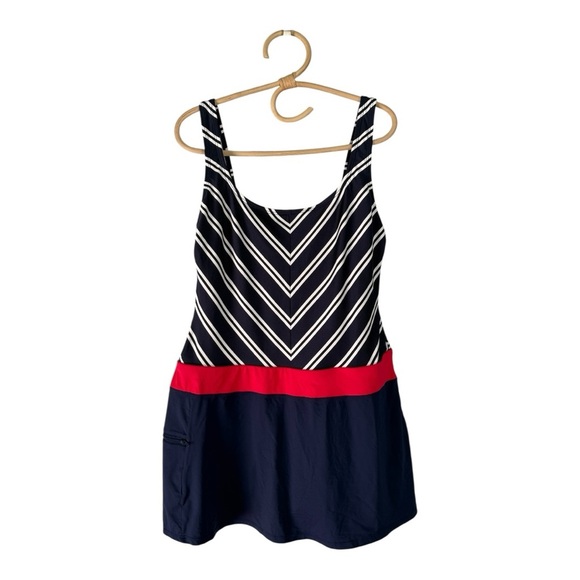 Beach House Navy White Chevron Stripe Coral Scoop Neck One Piece Swim Dress 14 - Picture 1 of 16